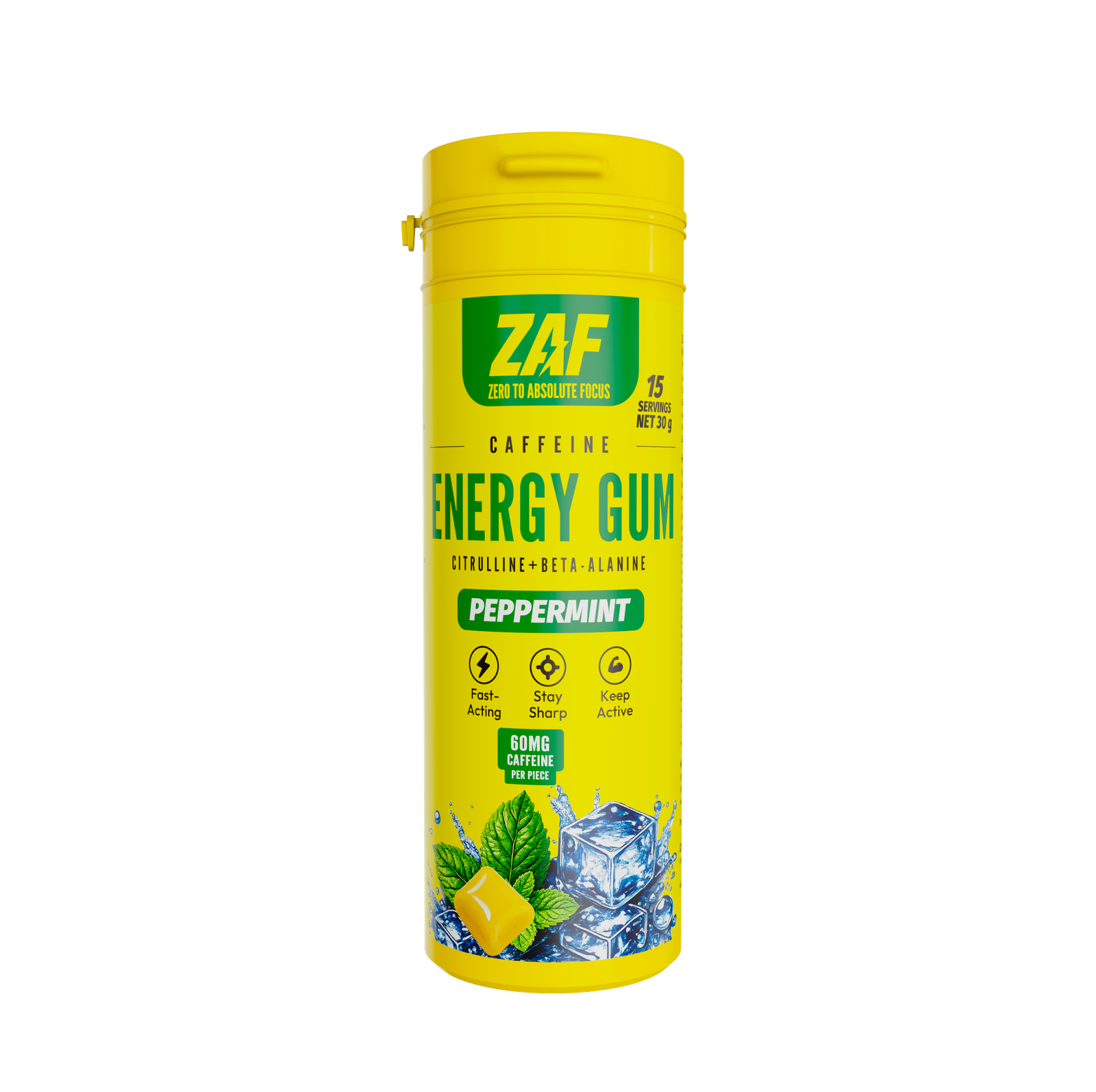 ZAF Caffeine Energy Gum, Peppermint tube, 15 pieces, 60mg caffeine per piece